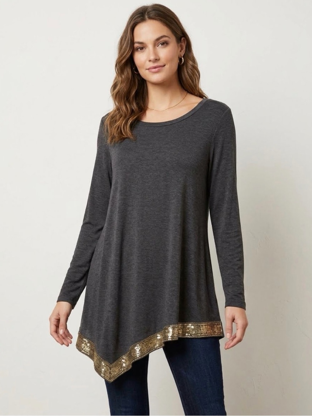 Soft Surroundings Asymmetrical Hem Charcoal Gray Long Sleeve Knit Tunic Top Sz M
